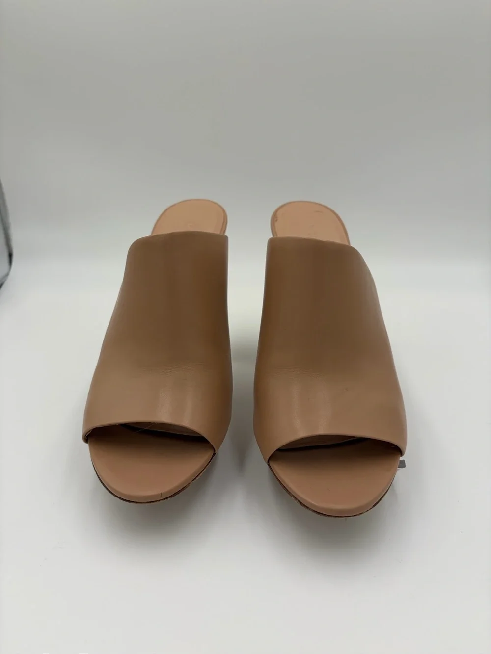 Vince Tan Leather Open-Toe Mules with Sculpted Heels Nude Preowned
